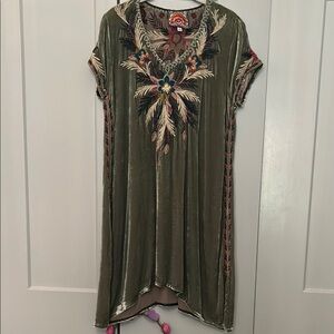 Johnny Was velvet green Asymmetrical V-Neck Sundress with Short Sleeves